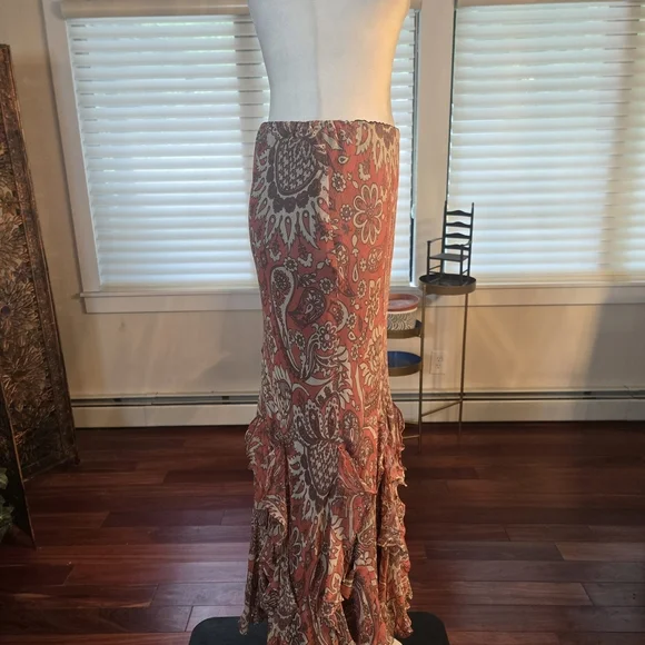 100% Silk Y2K Ruffled Paisley Floral Maxi Skirt Pink Cream Womens Size 14 - Picture 6 of 11